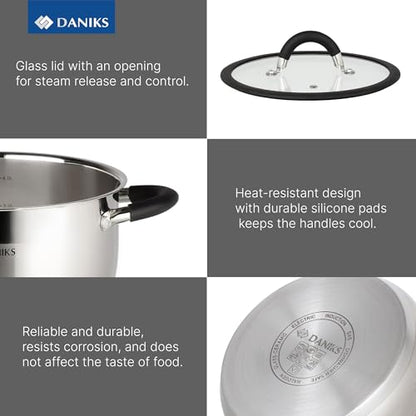 Daniks Orlando 11-Piece Stainless Steel Cookware Set with Glass Lids, Includes Saucepan and Frying Pan, Tri-Ply Bases for Even Heating, Induction Compatible, Dishwasher Safe, Heatproof Handles