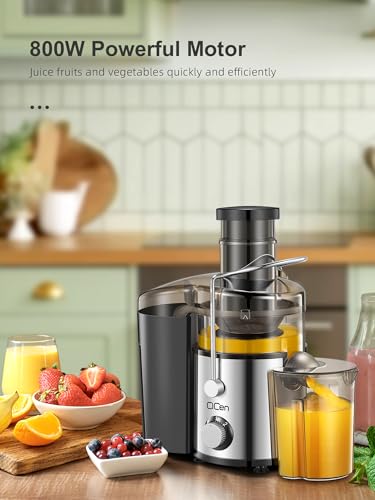QCen Juicer Machine, 800W Centrifugal Juicer Extractor with Extra Wide Mouth Feed Chute for Fruits & Vegetables, Easy to Clean, Stainless Steel, BPA-Free