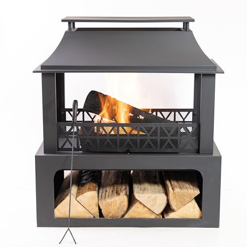 Deko Living 36" Rectangular Steel Outdoor Wood Burning Fireplace - Outdoor Fireplace with Adjustable Cooking Grill & Log Storage Compartment - Camping Fire Place with Safety Screen and Poker