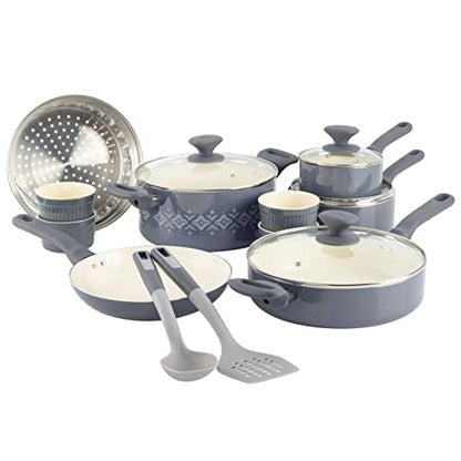 Spice by Tia Mowry Savory Saffron 16-Piece Healthy Nonstick Ceramic Cookware Set - Grey