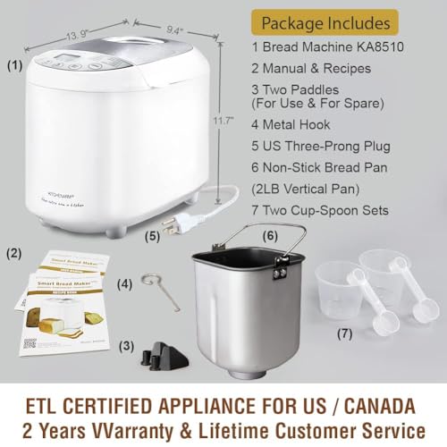 KITCHENARM 19-in-1 HANDY Bread Machine with Homemade Cycle and Gluten Free Setting - Beginner Friendly 2LB 1.5LB 1LB White Bread Maker Machine with Recipes and Delay Timer