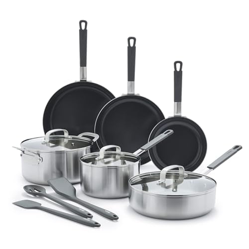 GreenPan x Bobby Flay Stainless Steel 12 Piece Cookware Pots & Pans Set, Professional Grade Tri-Ply, Multiclad, PFAS-Free Ceramic Nonstick, Induction Suitable, Dishwasher & Oven Safe,Stay Cool Handles