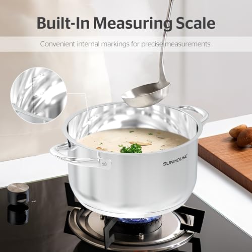 Sunhouse 8 Quart Stock Pot with Lid - 3-Ply Base Stainless Steel Cooking Pot - 8 QT Canning Dutch Oven Stock Pots - Oven Safe & Induction Cookware