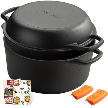 Overmont 2-in-1 Cast Iron Dutch Oven - 7QT Pre-Seasoned All-in-One Casserole Braising Pan with Skillet Lid Cookbook & Silicone Handle Covers - Heavy Duty Oven-Safe Pot for Sourdough Baking Frying Camping