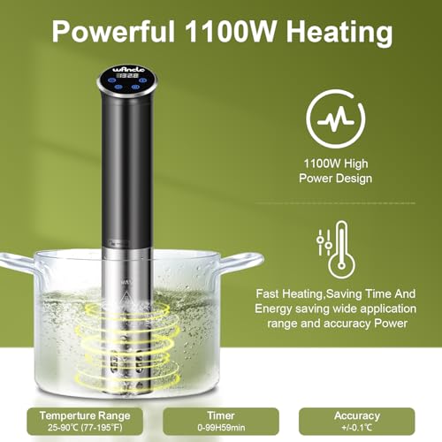 Sous Vide, Wancle 1100W Immersion Circulator, IPX7 Sous Vide Cooker, Small Space-Saving Design, Sous Vide Machines with Accurate Temperature Control, Black, 120V