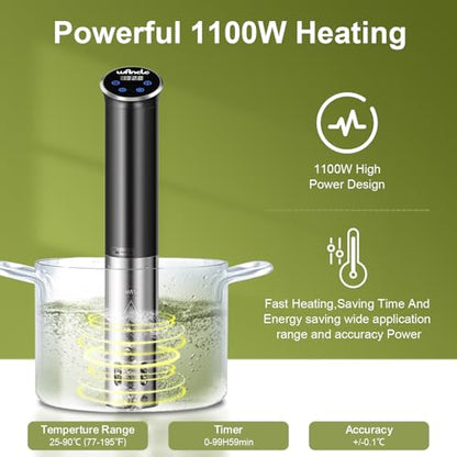 Sous Vide, Wancle 1100W Immersion Circulator, IPX7 Sous Vide Cooker, Small Space-Saving Design, Sous Vide Machines with Accurate Temperature Control, Black, 120V