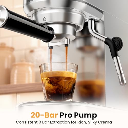 Espresso Machine 20 Bar, Compact Espresso Coffee Machine with Milk Frother, Stainless Steel Coffee Maker with 34oz Removable Water Tank, Cappuccino Machine for Home, Office, Fathers Day Dad Gifts