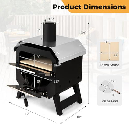Happygrill Pizza Oven Outdoor, 12” Portable Wood-Fired Pizza Stove with Pizza Stone, Pizza Peel & Oxford Cloth Cover, Multi-Fuel Pizza Maker with Stainless Steel Roof for Patio Backyard Camping BBQ