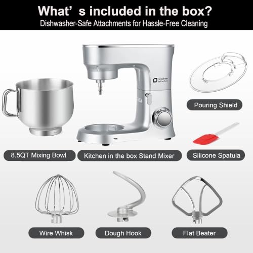 Kitchen in the box Stand Mixer 8.5 QT, 900 Watt Heavy Dough Mixer Silver