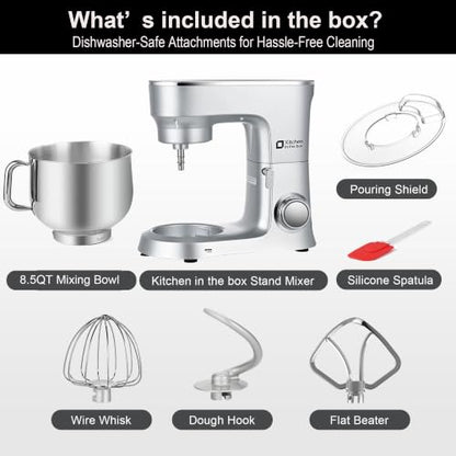 Kitchen in the box Stand Mixer 8.5 QT, 900 Watt Heavy Dough Mixer Silver