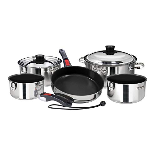 Magma 10 Piece Gourmet Nesting Stainless Steel Cookware Set with Ceramica Non-Stick, Induction Compatible, Oven Safe to 500°F - Suitable for All Stovetops, Removable Handles, Silver