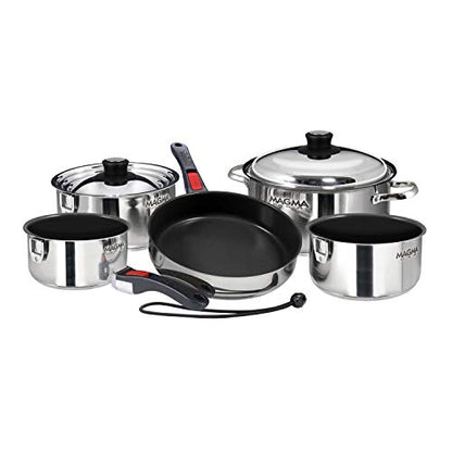 Magma 10 Piece Gourmet Nesting Stainless Steel Cookware Set with Ceramica Non-Stick, Induction Compatible, Oven Safe to 500°F - Suitable for All Stovetops, Removable Handles, Silver