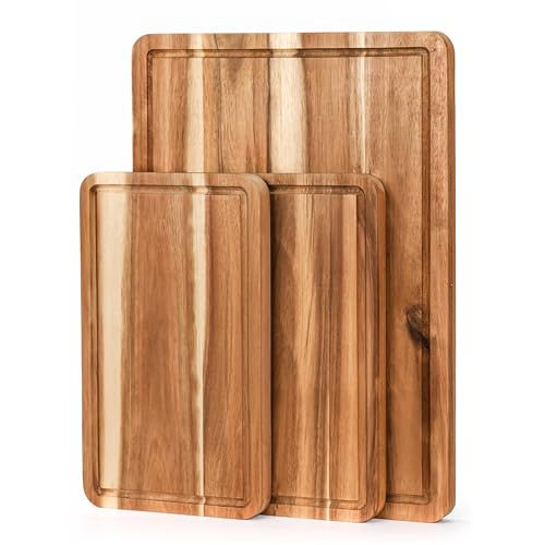 VieWood Acacia Wood Cutting Board Set of 3 for Kitchen, Serving, Charcuterie and Food Prep, Pre-Oiled Wooden Boards with Juice Groove (17x12, 12x10, 12x7 Inch)