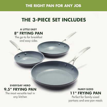 GreenPan Valencia Pro Ceramic Nonstick 8" 9.5" & 11" Fry Pan Skillet Set, Hard Anodized PFAS-Free, Induction Ready, Compatible on All Cooktops, Dishwasher Safe, Oven Safe to 600F, Gray