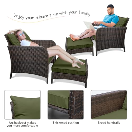LEVELEVE Balcony Furniture 5 Piece Patio Conversation Set, PE Wicker Rattan Outdoor Lounge Chairs with Soft Cushions 2 Ottoman&Glass Table for Porch, Lawn-Brown Wicker（Army Green