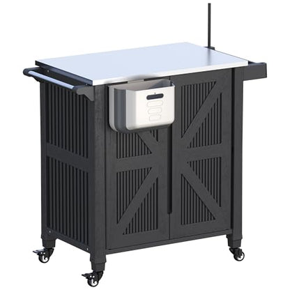 Outdoor Grill Cart with Stainless Steel Top, Outdoor Kitchen Island BBQ Prep Table, Storage Cabinet, Mobile Grill Cart with Folding Hanging Trash Bin, Wheels, Side Shelf for Patio, Garden, Picnic