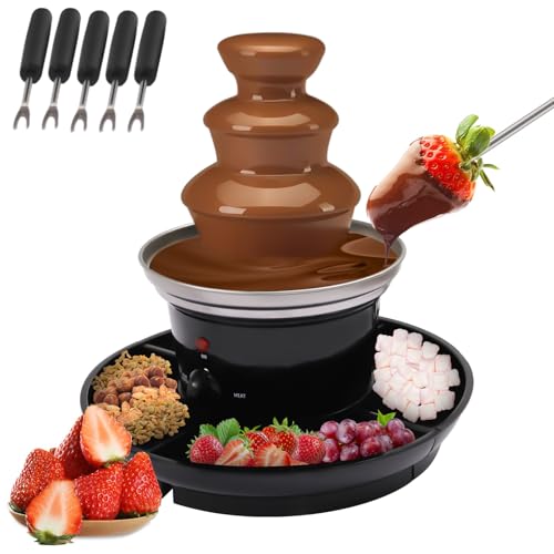 120V 40W 3-Tier Chocolate Fountain, Black Stainless Steel, 1lb Capacity, with Food Tray and 6 Forks for Parties and Gatherings