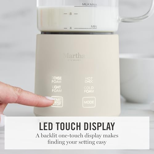 Martha Stewart Milk Frother and Steamer, 10oz/300ml Glass Cup, 4 Presets (Cold Foam, Light, Dense & Hot Chocolate), Ready in 90 Seconds, Cordless Pouring, One-Touch for Hot and Cold Milk, Linen Cream