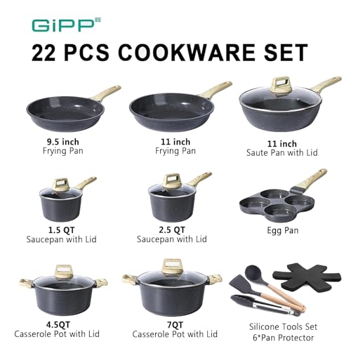 GiPP Ceramic Pots and Pans Set Non Stick - 22Pcs Nonstick Cookware Set, Non-Toxic Healthy Kitchen Cooking Set w/Frying Pans Set, Dishwasher Safe, PFAS PTFE PFOA PFOS Free, Dark Gray