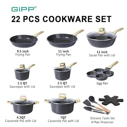 GiPP Ceramic Pots and Pans Set Non Stick - 22Pcs Nonstick Cookware Set, Non-Toxic Healthy Kitchen Cooking Set w/Frying Pans Set, Dishwasher Safe, PFAS PTFE PFOA PFOS Free, Dark Gray