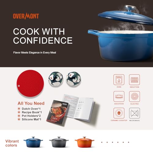 Overmont Enameled Cast Iron Dutch Oven - 5.5QT Pot with Lid Cookbook & Cotton Potholders - Heavy-Duty Cookware for Braising, Stews, Roasting, Sourdough Baking Blue