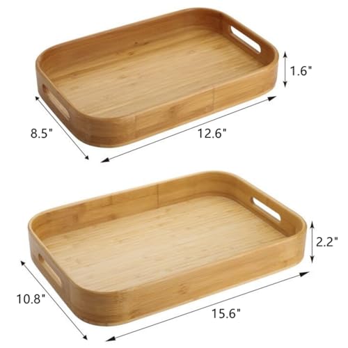 Dicunoy Set of 2 Bamboo Serving Tray, Solid Wood Breakfast Tray with Handles and Arc Angles, Large Size for Food, Dinner, Tea, Coffee, Bar, Parties, 15.6" L x 10.8" W /12.6" L x 8.5" W