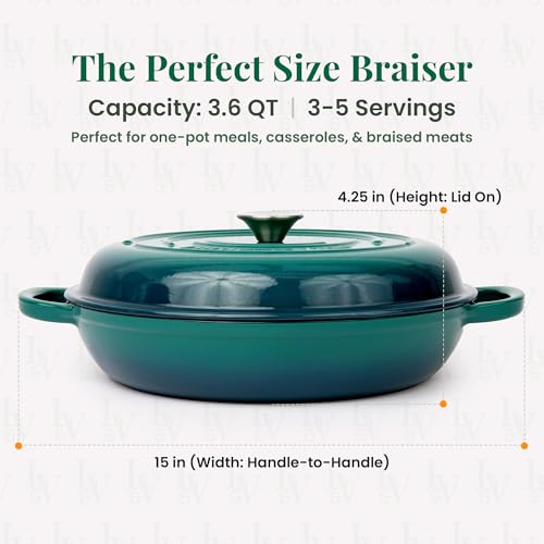 Larder & Vine Enameled Cast Iron Braiser | 3.6 qt Braiser Pan with Lid | Shallow Dutch Oven Compatible on All Cooktops | Casserole Dish Oven Safe to 500° F | Dual Handles | Bondi