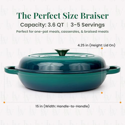 Larder & Vine Enameled Cast Iron Braiser | 3.6 qt Braiser Pan with Lid | Shallow Dutch Oven Compatible on All Cooktops | Casserole Dish Oven Safe to 500° F | Dual Handles | Bondi