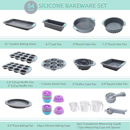 Tongjude 54 Pieces Silicone Baking Pans Set, 10 Silicone Cake Molds, Loaf Pan and Muffin Pans, Non-Stick Baking Cup, with Measuring Cups and Spoons Set, Grey