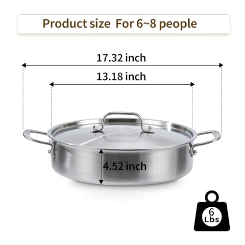 DELARLO Tri-Ply Stainless Steel 8 Quart Braiser Pan with Lid Induction Rondeau Pot With Lid 13inch Deep Frying Pan Large Saute Pan Heavy Duty Style Compatible With All Cooktops Up to 650℉