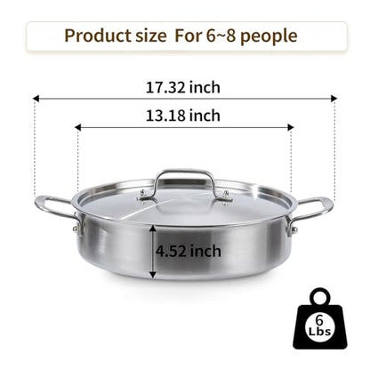 DELARLO Tri-Ply Stainless Steel 8 Quart Braiser Pan with Lid Induction Rondeau Pot With Lid 13inch Deep Frying Pan Large Saute Pan Heavy Duty Style Compatible With All Cooktops Up to 650℉
