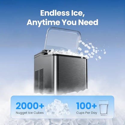 VIBOFROST Nugget Ice Maker Countertop, Fast 35lbs/24H Sonic Pebble Ice Machine, Self-Cleaning Anti-Scale System, Stainless Steel Portable Ice Maker for Home, Kitchen, RV, 10 Cleaning Packets