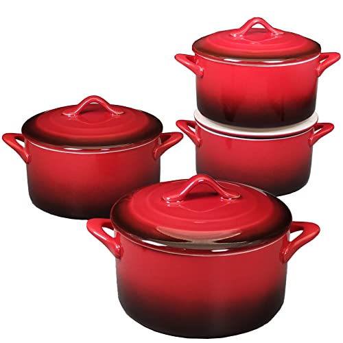 JINSONGDAFA Ceramic Mini Cocotte Set, 17.7 Ounces Small Casserole Dishes with Lids and Handles, Individual Baking Ramekins, Oven, Microwave & Dishwasher Safe (Inner white outer gradient Red glaze)