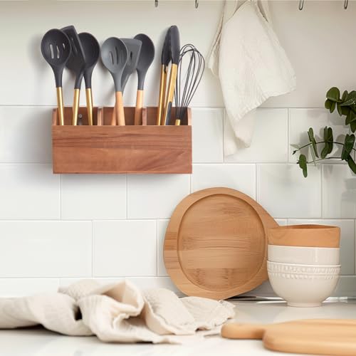 Wooden Utensil Holder for Kitchen Counter, Large Acacia Rustic Utensil Holder for Countertop with 3 Compartments, Wall Mounted Cooking Utensil Holder, Wooden Kitchen Utensil Caddy with Non-Slip Pads