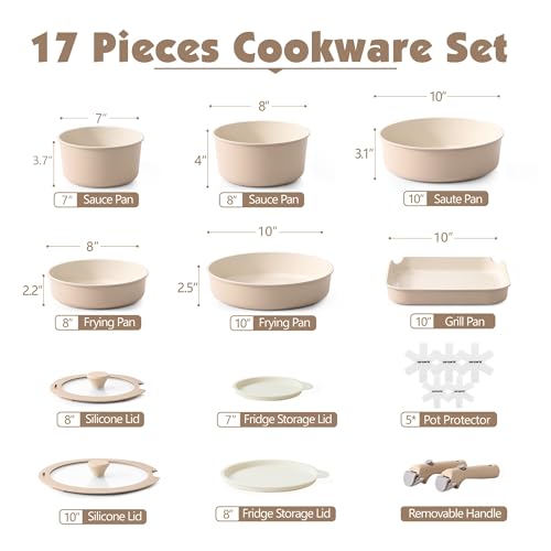 SENSARTE 17 Piece Ceramic Pots and Pans Set, Nonstick Detachable Handle Cookware, Induction Kitchen Cookware Set with Removable Handle, Dishwasher ＆ Oven Safe (Almond Beige)