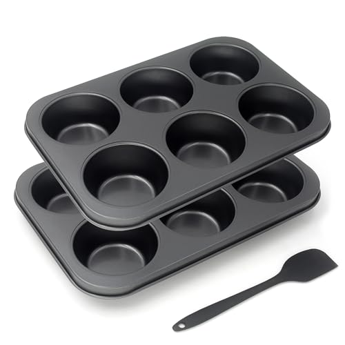 Bakexcel Non-Stick Muffin Pans, 6-Cup Set of 2 Jumbo Baking Pans with a Spatula for Extra-large Muffins & Cupcakes