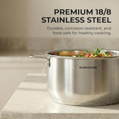 Sunhouse Stock Pot with Lid - 6.5 QT Large Pot for Cooking Pasta, Soup, Spaghetti - Ultra Thick 5-ply Base 18/8 Stainless Steel Pots for Canning, Boiling - Oven Safe & Induction Compatible Cookware