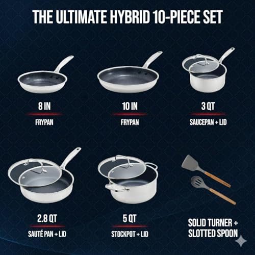 10-Piece Diamond-Bond Hybrid Nonstick Ceramic Stainless Steel Cookware Set, Dishwasher Safe - Oven Safe Up To 600°F And Dishwasher Safe For Fast, Easy Cleanup