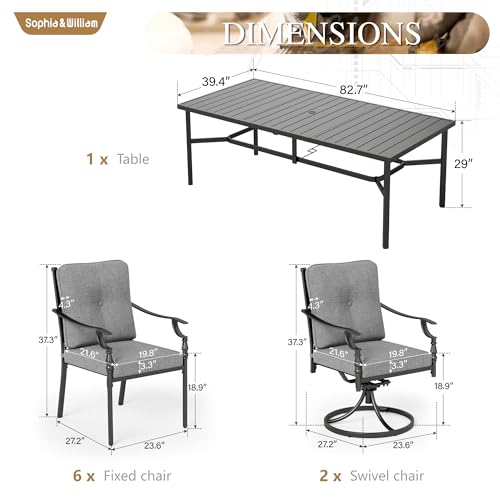 Sophia & William 9 Piece Outdoor Patio Dining Set, Patio Table and Chairs Set for 8, 6 Fixed and 2 Swivel Patio Chairs with Cushions and Rectangular Table, Outdoor Dining Set for Backyard, Poolside
