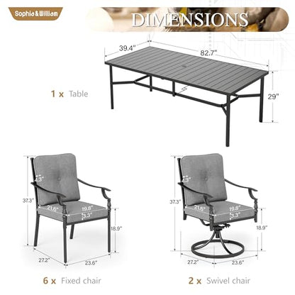 Sophia & William 9 Piece Outdoor Patio Dining Set, Patio Table and Chairs Set for 8, 6 Fixed and 2 Swivel Patio Chairs with Cushions and Rectangular Table, Outdoor Dining Set for Backyard, Poolside