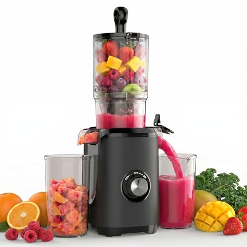 KMFurnila Slow Masticating Juicer, 200W Cold Press Juicer Machine with Safety Lock & Reverse Function, Juice Extractor for Fruits & Vegetables, Easy Clean, Black