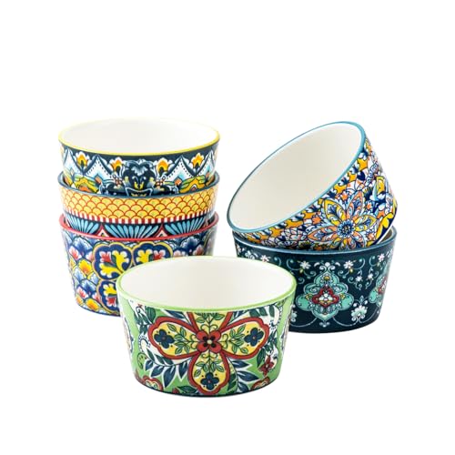 Ramekins Oven Safe for Creme Brulee - Porcelain Pudding Custard Cups 6 oz - Small Serving Bowls for Souffle, Dipping Sauce, Ice Cream, Baking Ramiken Set of 6 - Bohemian Style