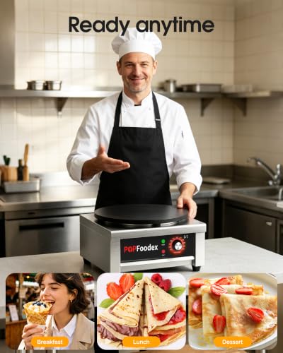 Popfoodex Commercial Crepe Maker - Independent Temperature Control, 1500W Electric Crepe Machine, 16 Inch Pancake Making Machine w/Nonstick Stainless Steel Plate, for Commercial Kitchen Use