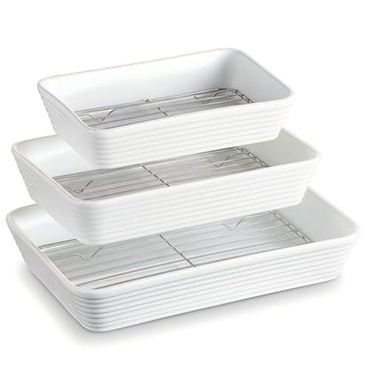 ONEMORE Baking Dishes for Oven, 9x13 Large Casserole Dishes for Oven with Roasting Racks, Rectangular Ceramic Baking Dish Set of 3 for Cooking & Serving, Deep Dish Lasagna Pan (3QT/2.1QT/1.3QT)