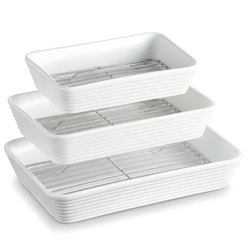 ONEMORE Baking Dishes for Oven, 9x13 Large Casserole Dishes for Oven with Roasting Racks, Rectangular Ceramic Baking Dish Set of 3 for Cooking & Serving, Deep Dish Lasagna Pan (3QT/2.1QT/1.3QT)