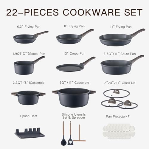 USELUCK Pots and Pans Set Nonstick 22 Pcs, Ceramic cookware set Non-Toxic CoatingGray Granite Kitchen Cookware Set, Induction Kitchen Cooking Set w/Frying Pans & Glass Lids, PFOS & PFOA Free