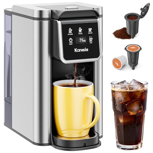 Karosie Hot & Iced Single Serve Coffee Maker for K Pod and Grounds, 6-14 Oz Brew Sizes, 50oz Removable Tank, Single Cup Coffee Maker with Descaling Reminder, Stainless Steel, Black