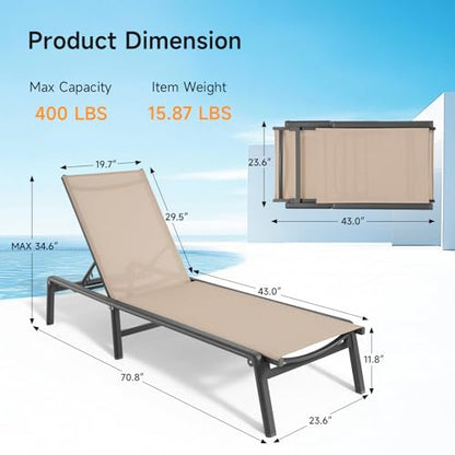 ONBRILL Aluminum Chaise Lounge Chair Outdoor, Foldable & Assembly Free Outdoor Lounge Chair with 5 Position Adjustable Backrest, Patio Pool Lounge Chairs for Outside Poolside Beach Lawn, 1PC, Khaki