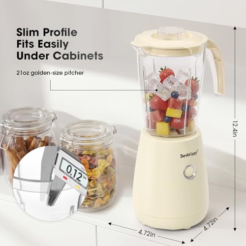 BevWizzy Small Blenders for Kitchen, 21oz Smoothie Blender, 350W Max, Ivory