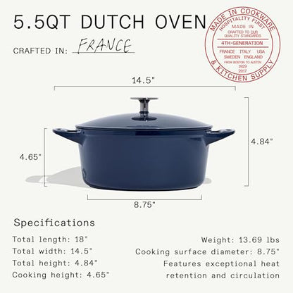 Made In Cookware | Dutch Oven 5.5 Quart (Blue) | Enameled Cast Iron | Exceptional Heat Retention & Durability | Professional Cookware | Crafted in France | Induction Compatible